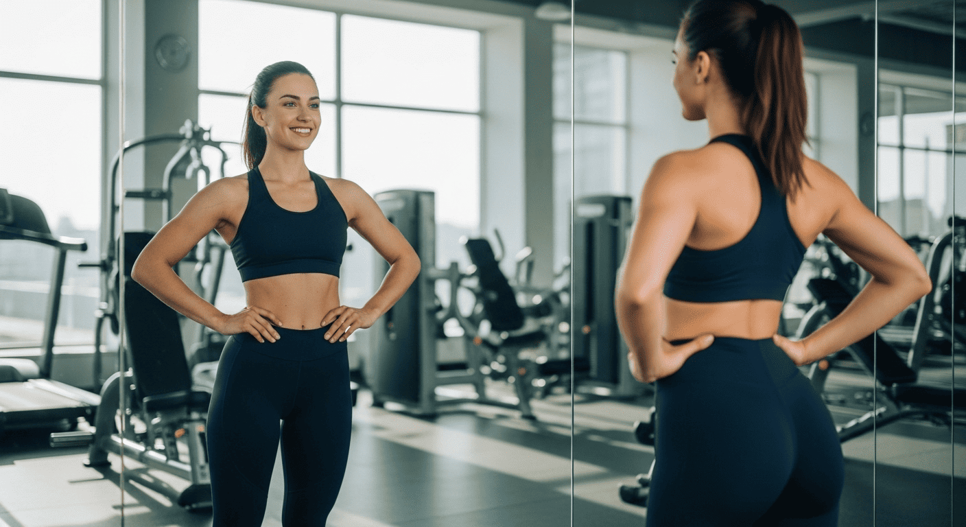 Девушка в спортивном зале смотрит на себя в зеркало