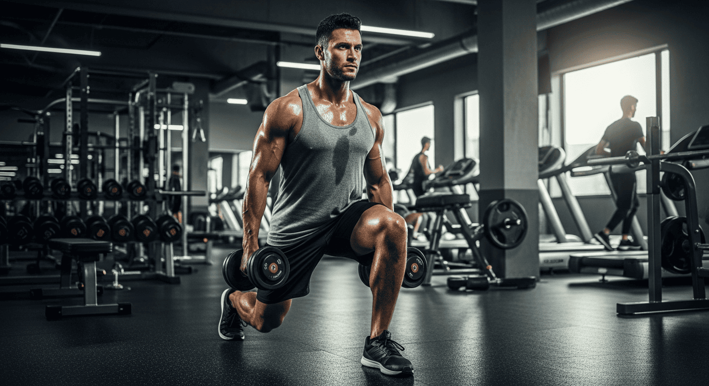 Мужчина делает выпады с весом в тренажерном зале 