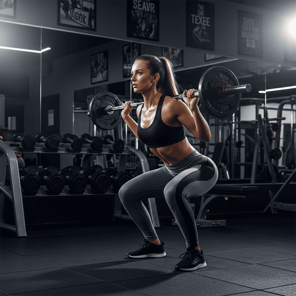 Женщина делает приседания со штангой в тренажерном зале