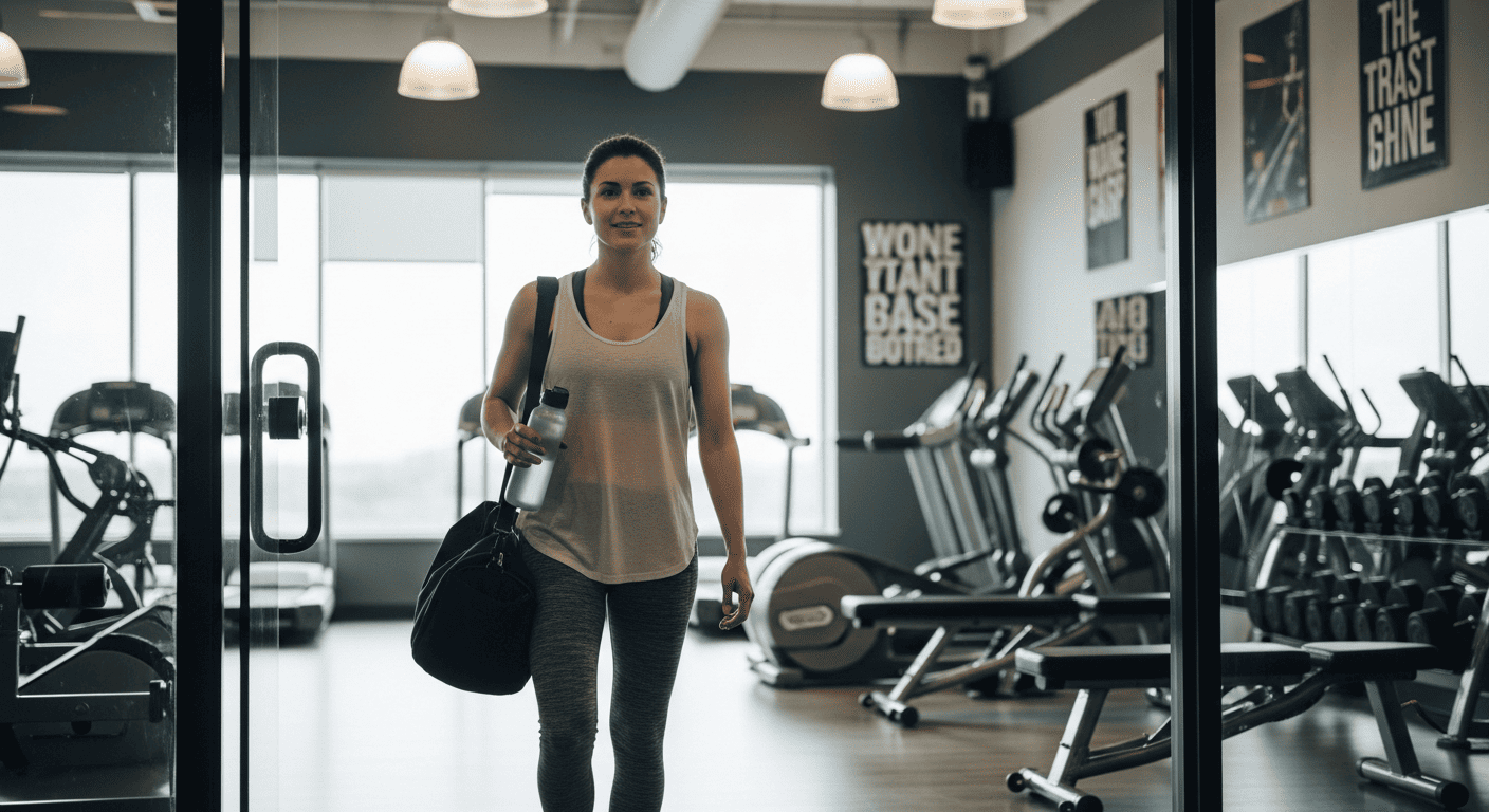 Женщина в спортивной одежде заходит в тренажерный зал
